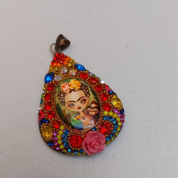 Artisan Jewelry - Frida Kahlo Inspired Vibrant Multicolor Crystal Paved Sterling Silver Pendant